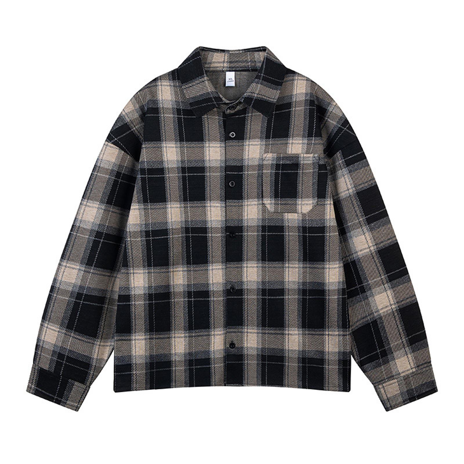 Mens Plaid Shirt Fall Regular Fit Long Sleeve Plaid Shirt Casual Button Down Shirts Flannel Jacket With Pocket M тёмно-синий
