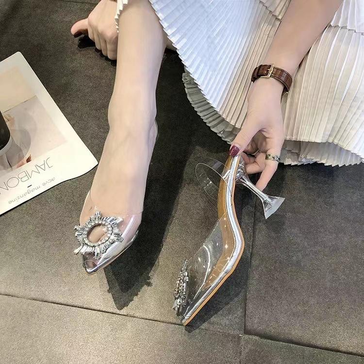 202 summer new rhinestone transparent crystal shoes high heels sandals stiletto women's shoes large size 43