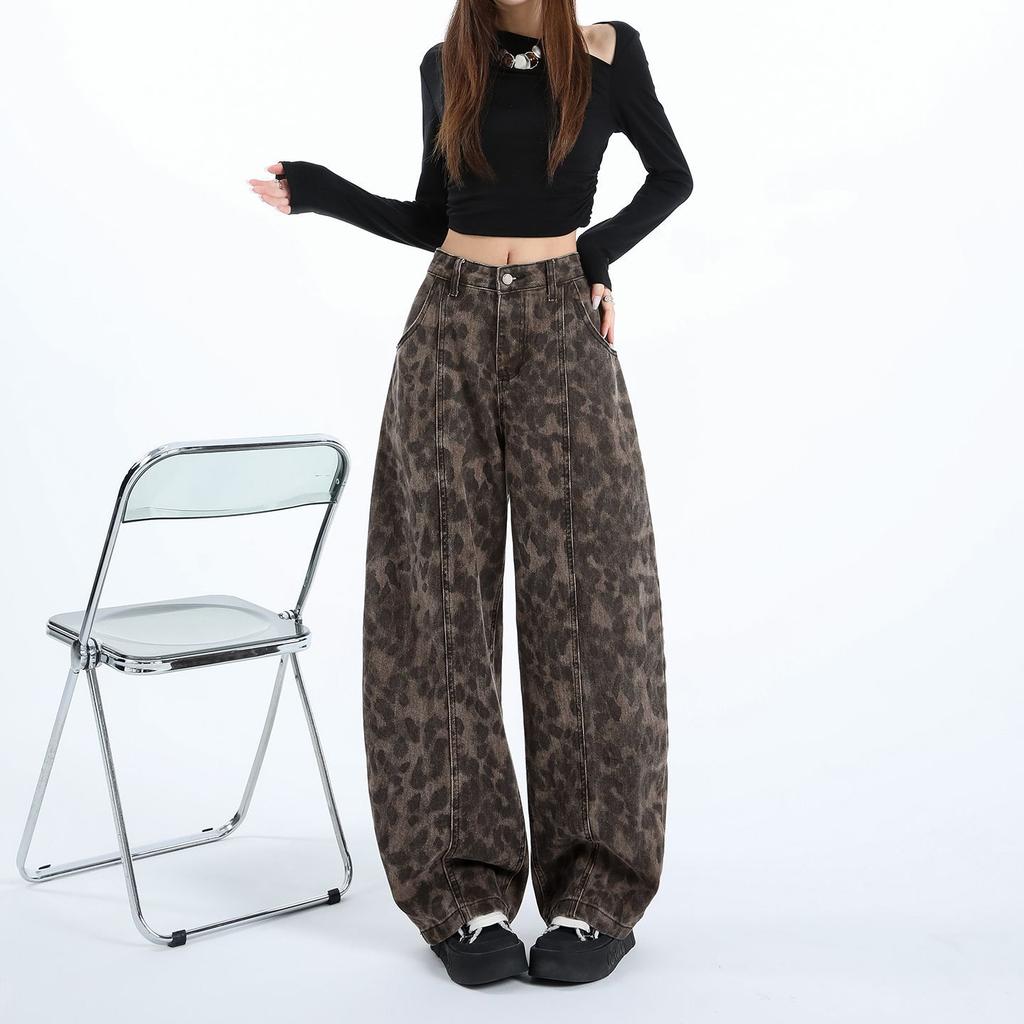 Spring Summer Vintage Leopard Print Y2K High Waist Distressed Floor Saber Cut Denim Pants For Ladies Casual Pants Oversize Denim Trousers