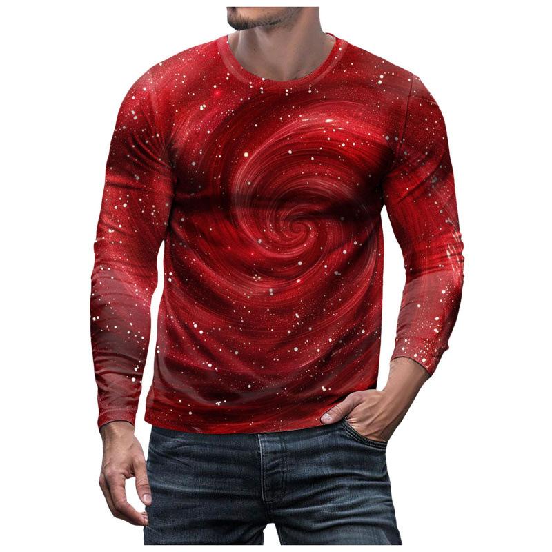 3D Brilliant Starry Sky Printed Top Casual Long Sleeved Men's T-shirts - Soft Medium Stretch Polyester Fabric Spring and Autumn Relaxed Fit Clothing