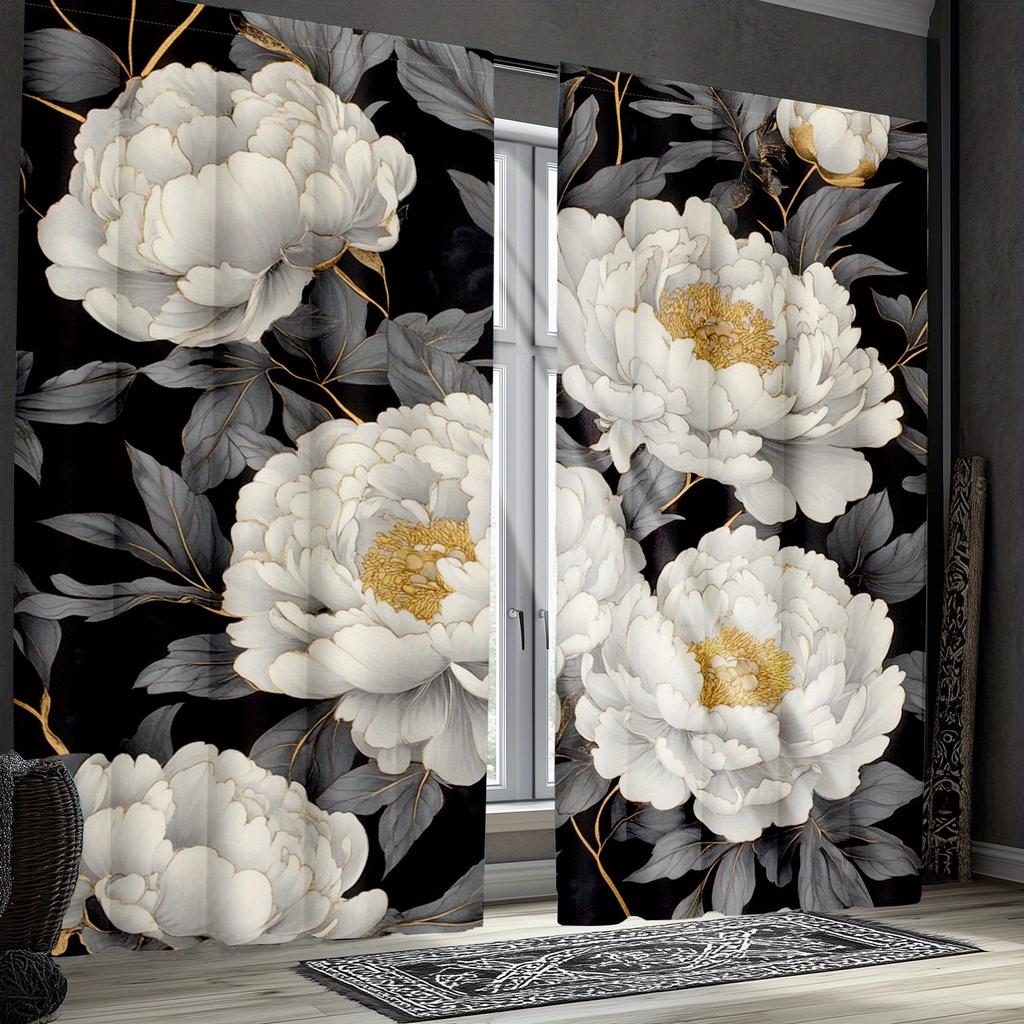 Black White Gold Floral Pattern Curtains Polyester Fabric Suitable Living Room Bedroom Decoration Curtain Machine Washable Perfect For Great