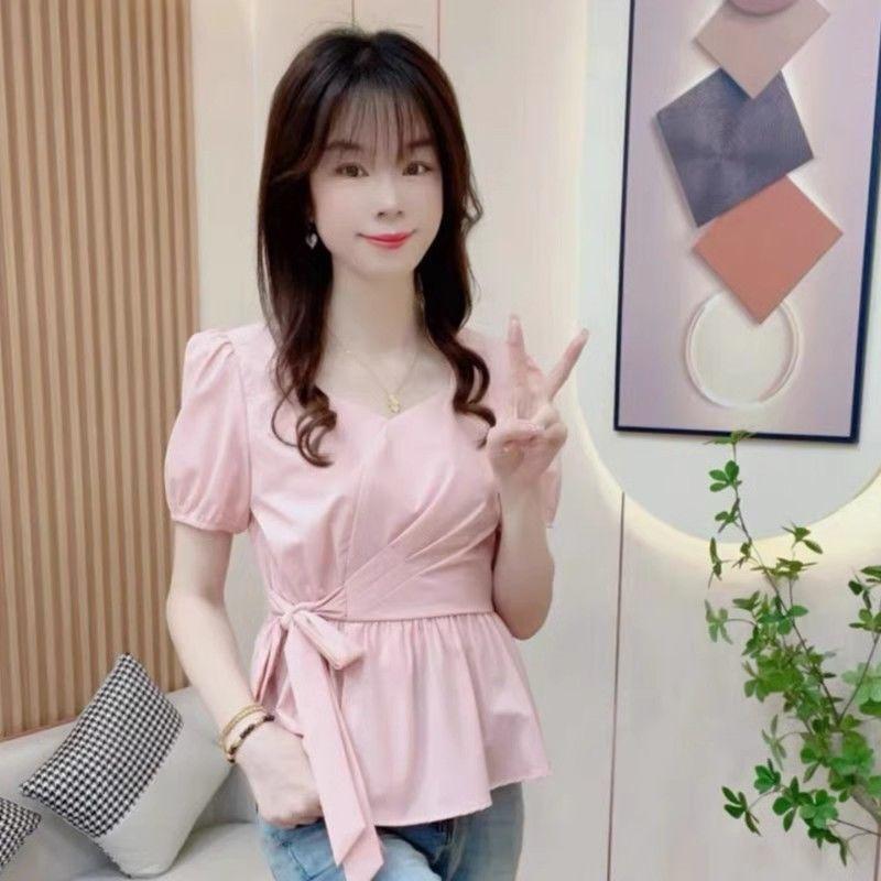 

Women s Short Sleeved Shirt Short Sleeved Summer Waist Cinching Shirt for Women 3XL рожевий