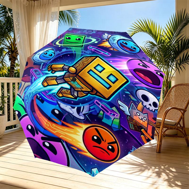 Geometry Dash Print Automatisk Åben Lukke Paraply, Bærbar Foldbar Paraply, til Udendørs Pendling Campingtur, Ideel Fødselsdagsgave