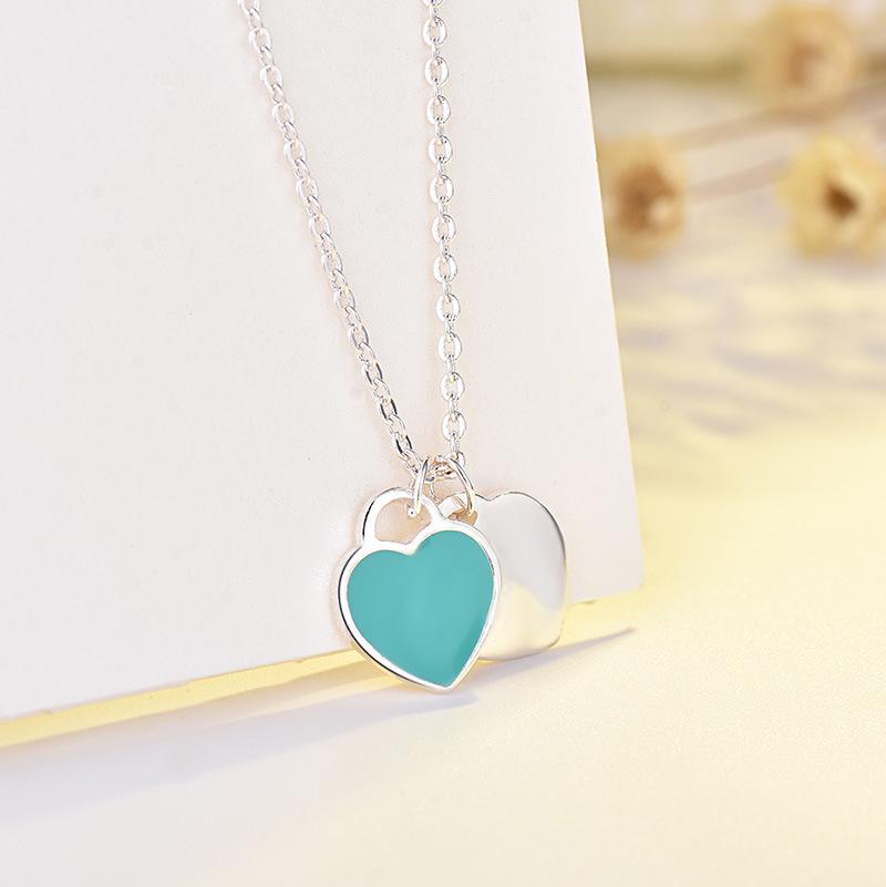 Qiaolanxuan Tri-Color Heart Enamel Necklace: Red, Blue & Pink T-Neck Clavicle Chain