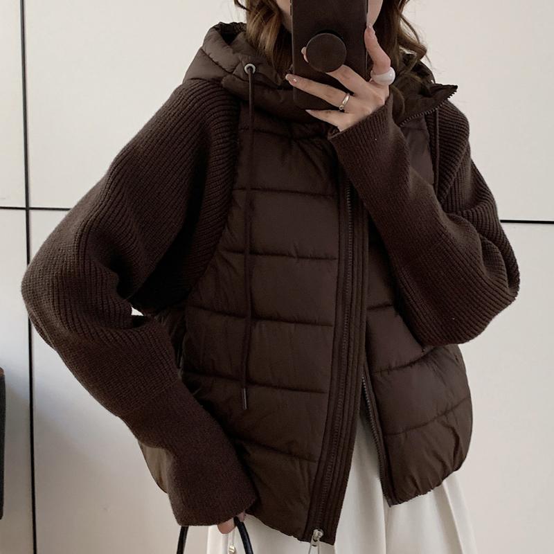 Fashion Female Short Coat Winter Jackets Hooded Knitted Sleeves Loose Thick Warm Women Parkas
