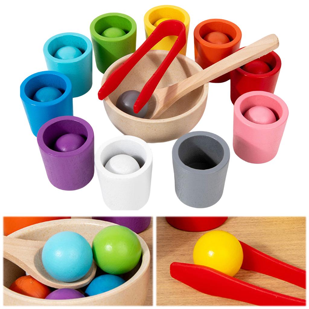 Rainbow Balls In Cups Toddler Montessori Toys Learning Color Sorting and Counting Wooden Cups and Balls Color Match Toy for Kids