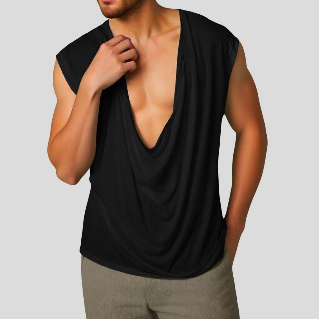 Men's Sleeveless Color Sports V-neck Base Shirt, Swing Neck Vest
