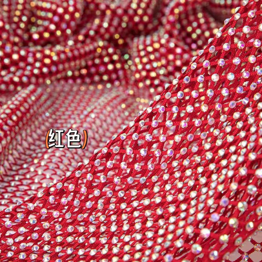 Luxury AB Color High Gloss Elastic Diamond Mesh Fabric Sewn with Satin Belt Mesh Lace Fabric DIY Dress Clothing High-end Fabrics
