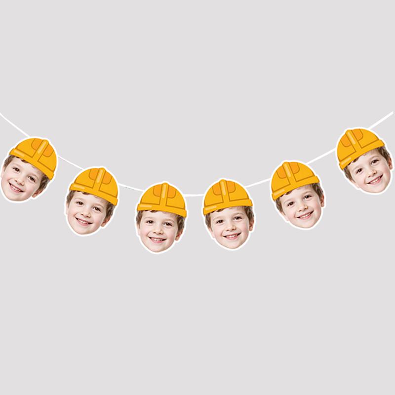 6Pcs/12pcs Birthday Customizable Portrait Digger Tractor Hard hat Pattern Banner Children Birthday Parties Cute Banner Decor