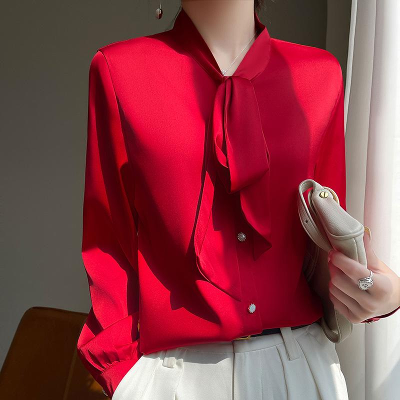 Acetate Satin Bow Streamer Neck Shirt for Women In Summer New Draped Silky Korean Style Long-sleeved Top Base Shirt