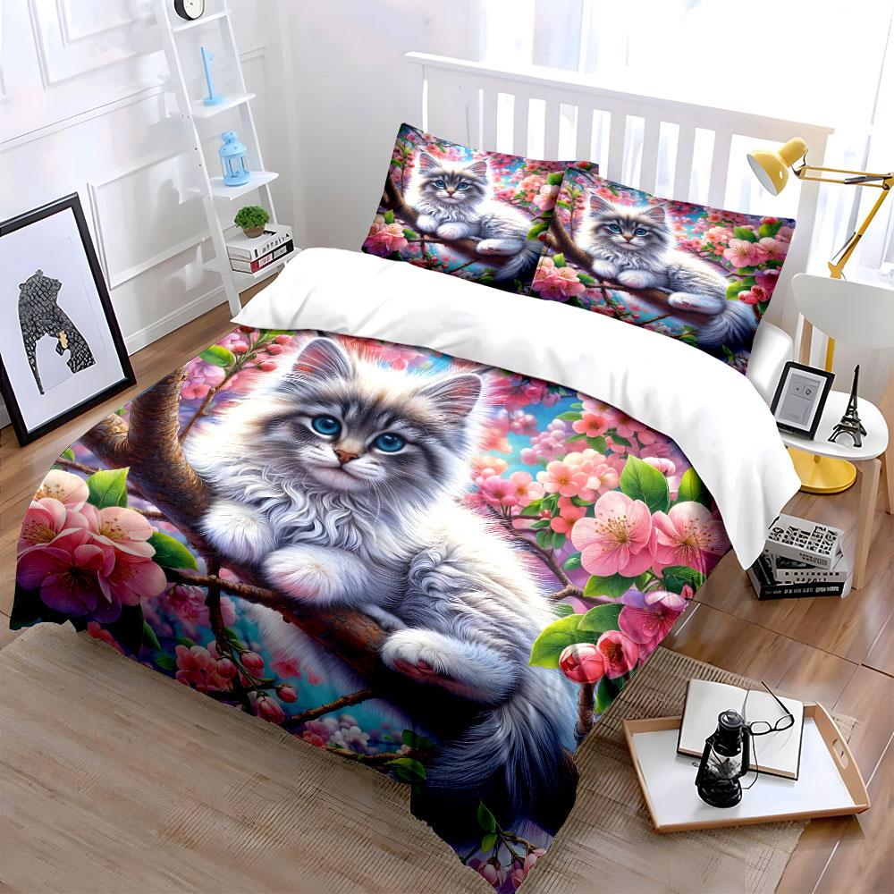 Cat among blooming flowers Print Bedding Set 1 Duvet Cover 2 Pillowcases for Adult and Children Luxury Gift Full Size