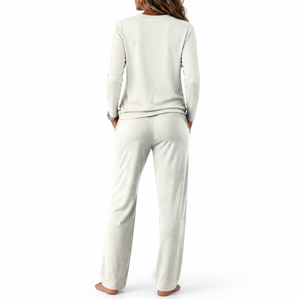 Women's Round Neck Long Sleeve Pajama Set with Drawstring Wide Leg Pants for Sleepwear Loungewear