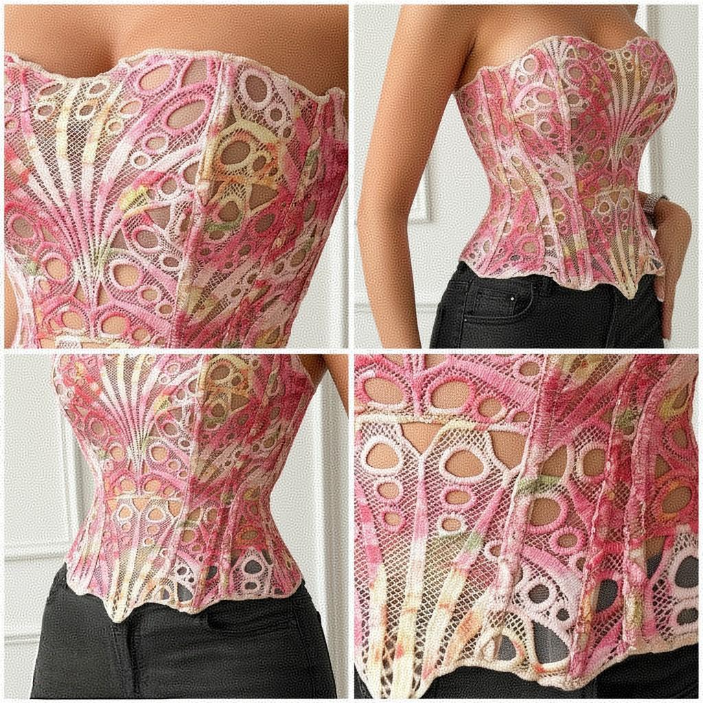 Corsetto da Corte in Rete Traspirante Corsetto Sexy Top Svuotato Pizzo Irregolare Doppio Strato Modellante Camicia a Canotta Chic