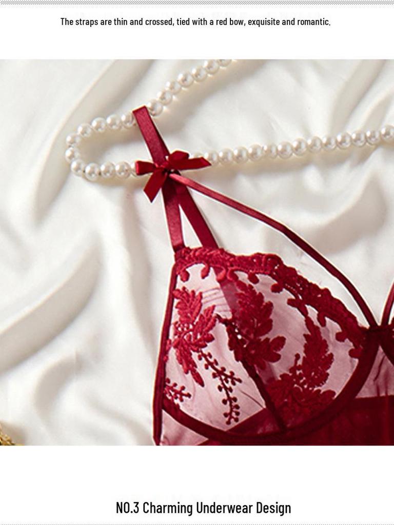 2025 New Sexy Ultra-Thin Lingerie Slip Dress with T-Pants, Transparent Mesh, Wheat Ear Embroidery Flirtatious Pajamas