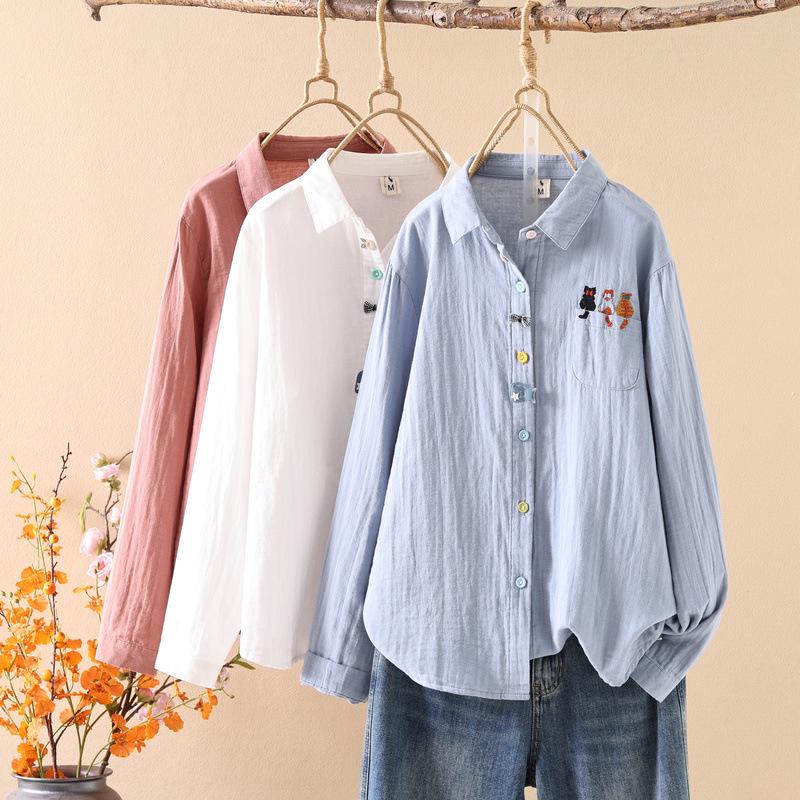 Spring 2026 Women's Cartoon Embroidery Gauze Long Sleeve Cardigan Shirt