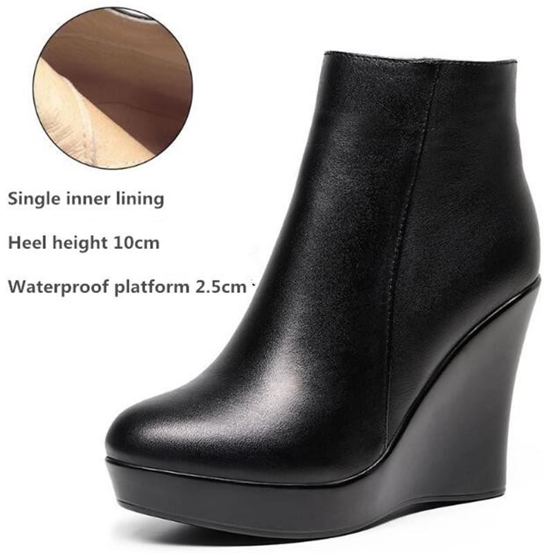 Dámské boty na platformě s klínkem Podzim Zima Černé kotníkové boty pro ženy Vysoké podpatky Dámské boty z pravé kůže Na zip