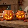 Tabletop Decor Spooky Lighted Pumpkin Figurine, Halloween Engraved Light-Up Resin for Home Statue Indoor Outdoor Garden Patio Artificial