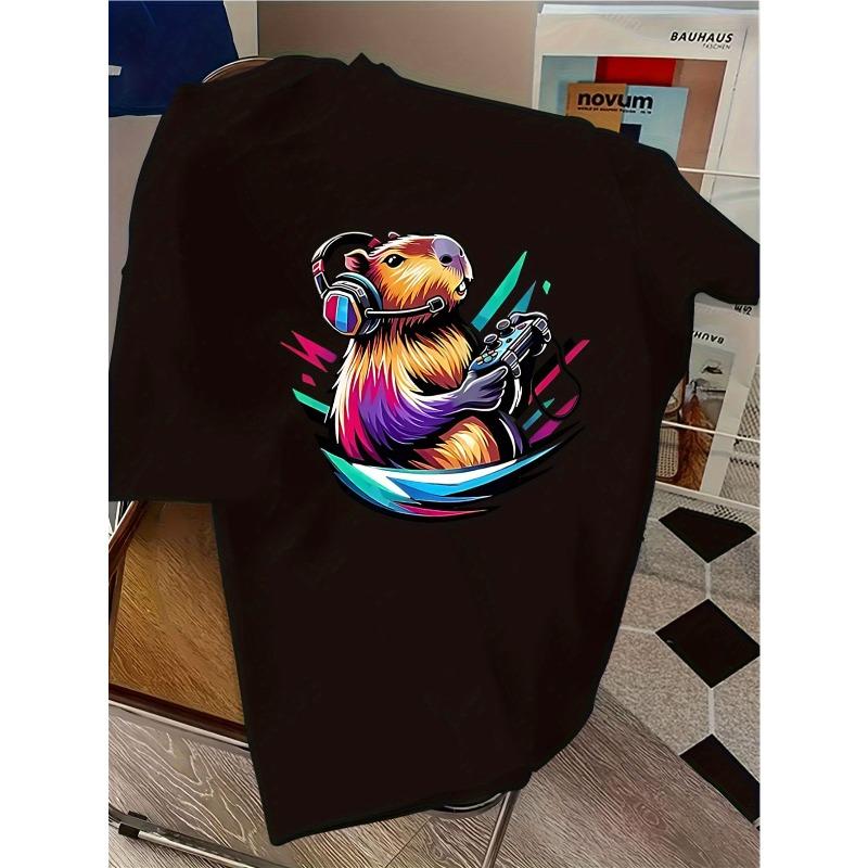 European sizes Round Neck Cartoon Beaver with Headphones Holding Game Controller Funny Print Short Sleeve T-Shirt, Fashion Casual Summer New Arrival
