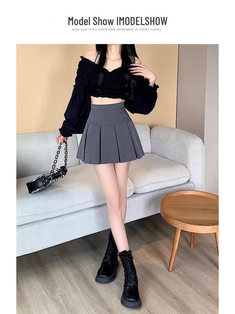 2024 Fashion High Waist Black Pleated A-line Mini Skirt for Women - Spring, Summer, Autumn