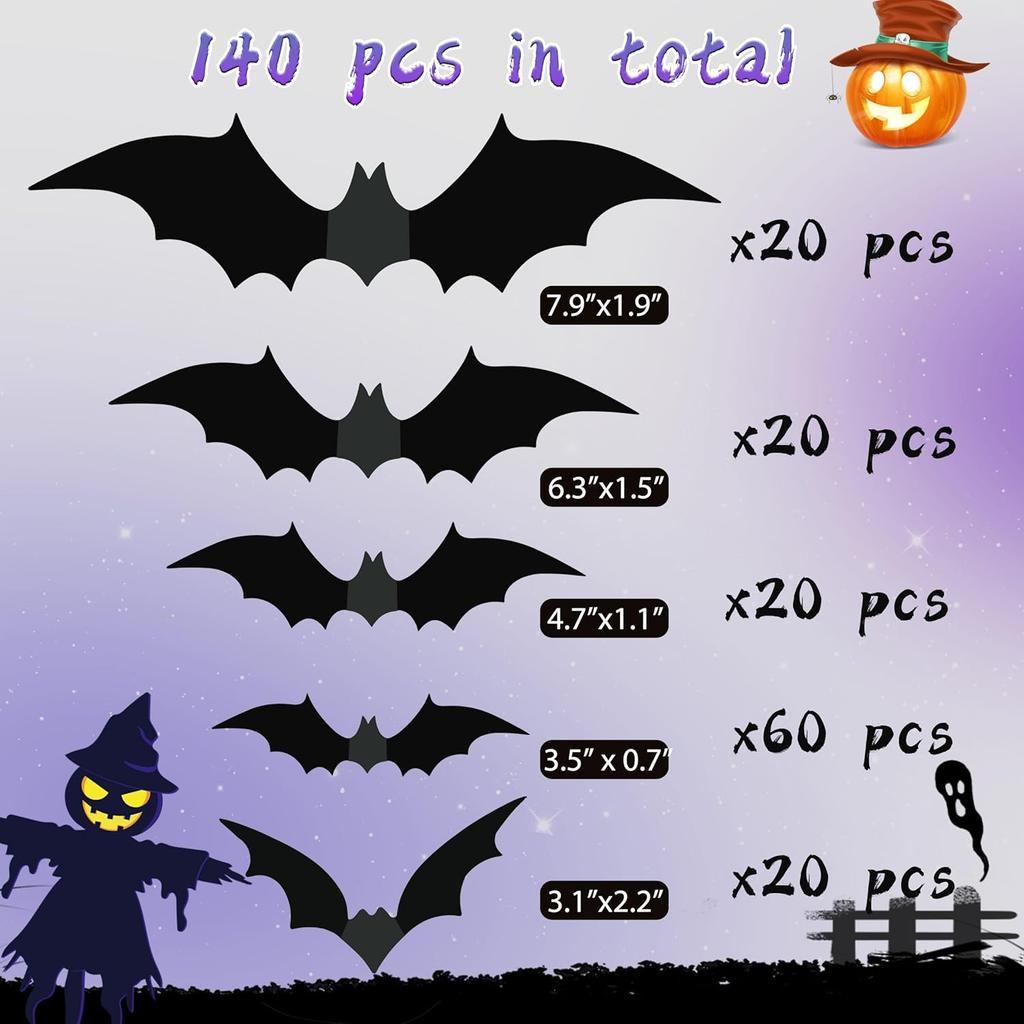 TDHDIKE Halloween Party Supplies & Decorations 140Pcs Realistic PVC 3D Black Scary Bat Wall Stickers for Creepy Home & Indoor Decor DIY Wall Decal