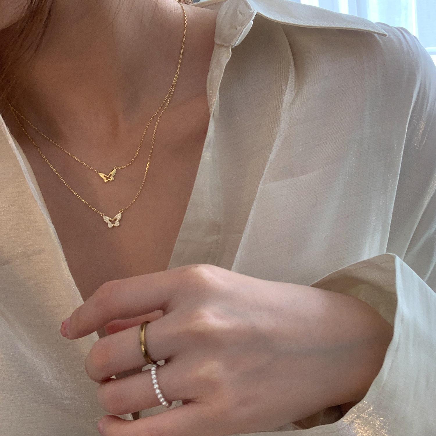 14K Gold-Plated Sterling Silver Double Layer Butterfly Necklace with Diamonds for Women Platinum
