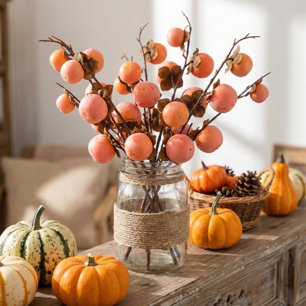 8 Heads Artificial Persimmon Branch Realistic Handmade Simulation Persimmon Fruit Elegant Plastic Fake Plants Living Room