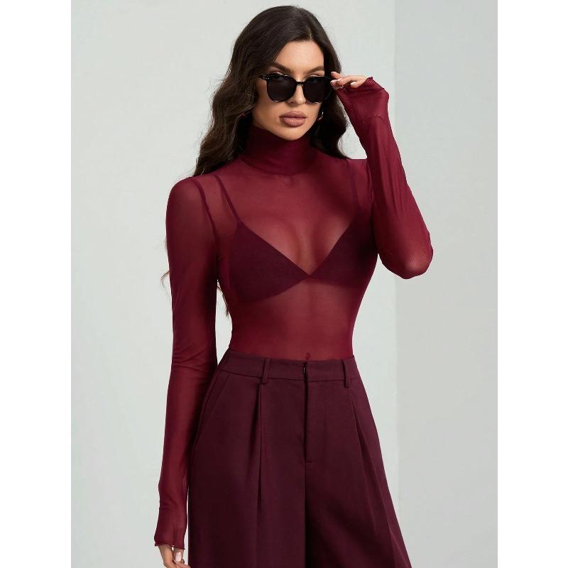 DAFIFY Women's Fashion Casual Spring Autumn Solid Color Print Long Sleeve High Neck Blouses & Shirts