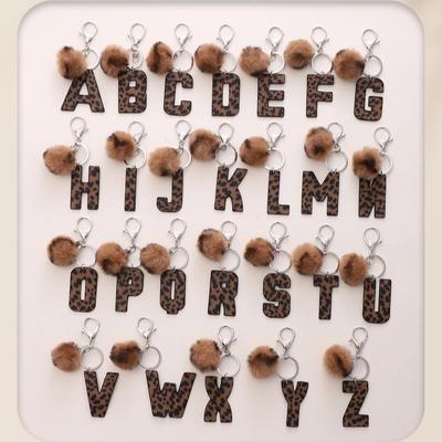 Creative Cheetah Print Keychains A-Z English Capital Letters Tag Keychain with Bobble Woman's Keychains