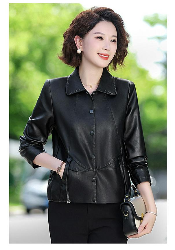 Stilvolle Faltenreduzierende Damen-Lederjacke mit kurzem Revers für Frühling und Herbst