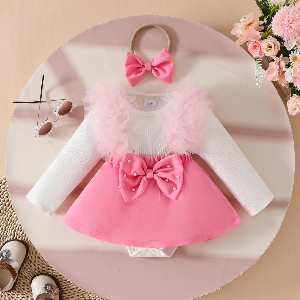Baby Girl Long-Sleeve Ribbed Romper with Mesh Skirt Hem and Beaded Bow for Autumn and Winter