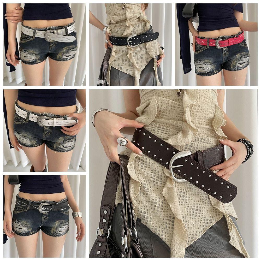Vintage Women Rivet Belt Y2k Punk Style Belt Adjustable Wide Leather Waistband  Spicy Girls