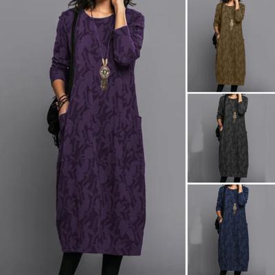 Damen Frühlings- und Herbstkleid, Rundhalsausschnitt, lange Ärmel, mit Seitentaschen, lockeres, wadenlanges Midikleid mit Blumendruck für den Alltag und das Pendeln