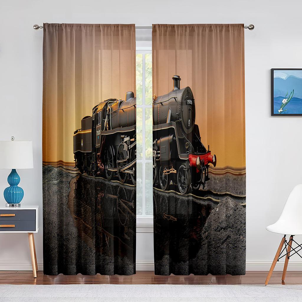 Vintage Industriell Ångmaskin Järnväg Tyllgardiner för Vardagsrum Sovrum Inredning Chiffong Skir Voile Kök Fönstergardin