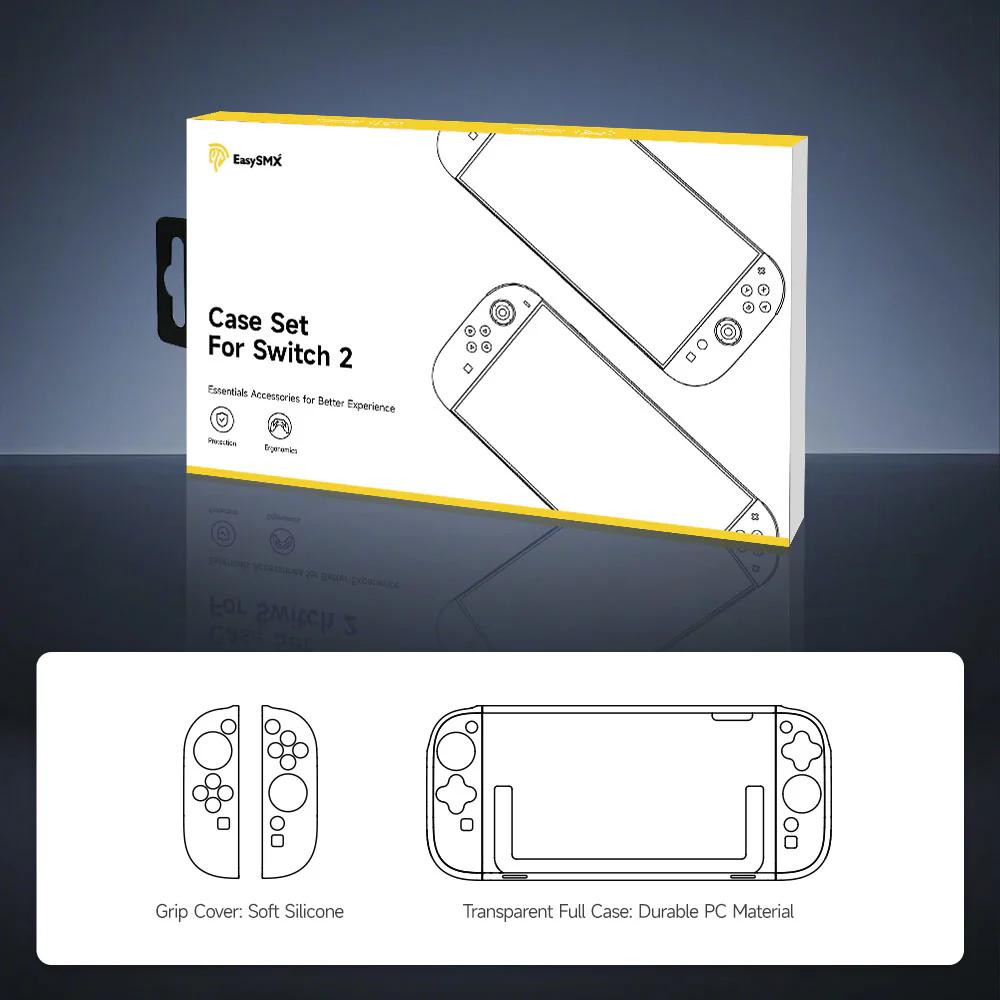 EASYSMX A02 For Nintendo Switch 2 Game Console Transparent Protective Case with Silicone Joy-Con Grip Handle Cover Set