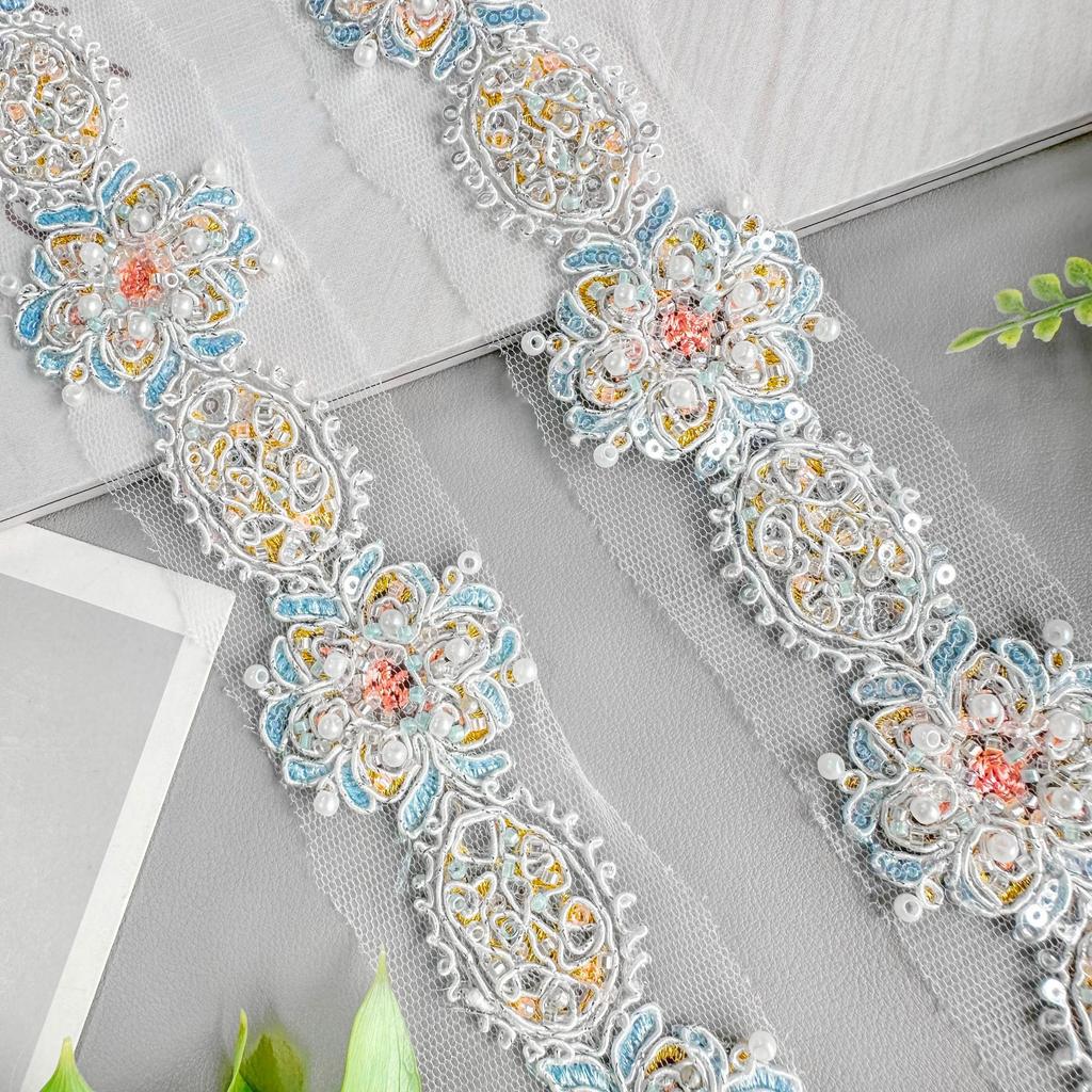 Mesh Hollow Blue Strand Beads Embroidery Barcode Clothing Dress Luggage Skirt Decorative Lace Accessories
