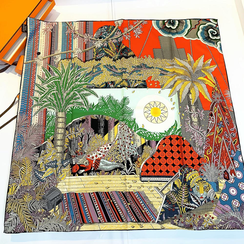 New Handmade Curled Twill Square Scarf Plant Jungle Sun Women's Shawl 90 * 90cm Fashion Trend Fabric Soft