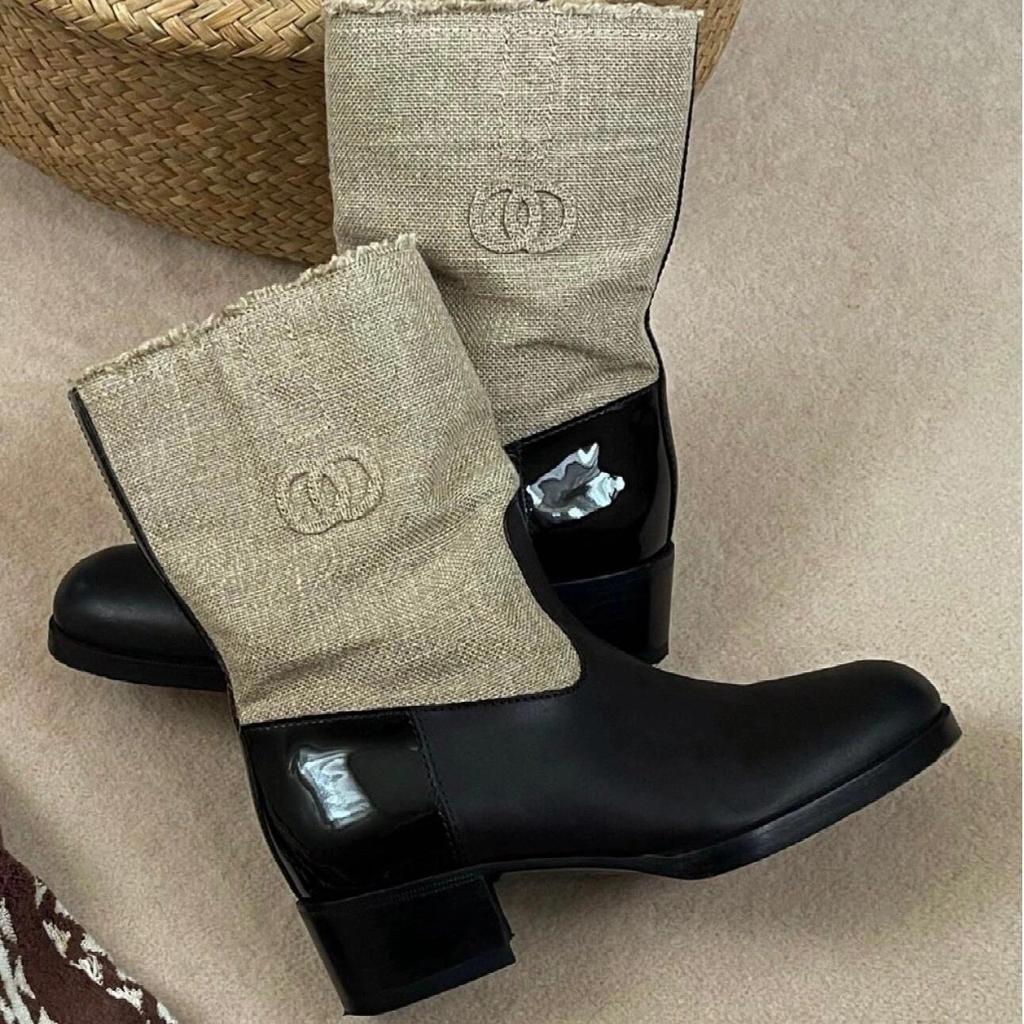 Sheepskin Version~ Xiaoxiangfeng Canvas Leather Wide Tube Martin Boots Women's Thick Heel Thick Sole Medium Tube Western Boots High Heel Short Boots