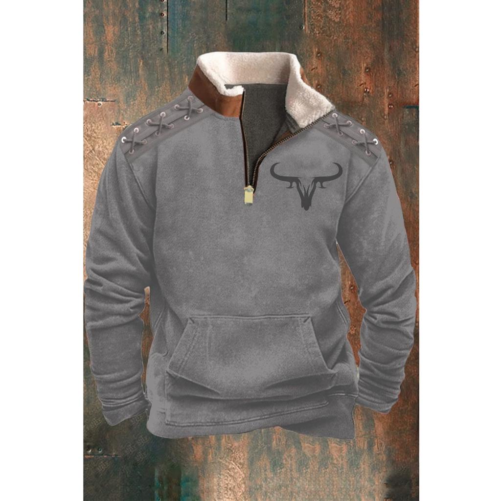 Men's Casual Pullover Jacket Half Zip Fleece Lined Sweatshirt with Front Pocket and Decorative Shoulder Lacing for Outdoor Activities