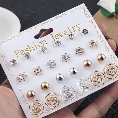 12 Paare/Set Damen Perlen Blume Kristall Mix Design Ohrstecker Mädchen Elegant Gold Herz Ohrschmuck Geschenk Aretes De