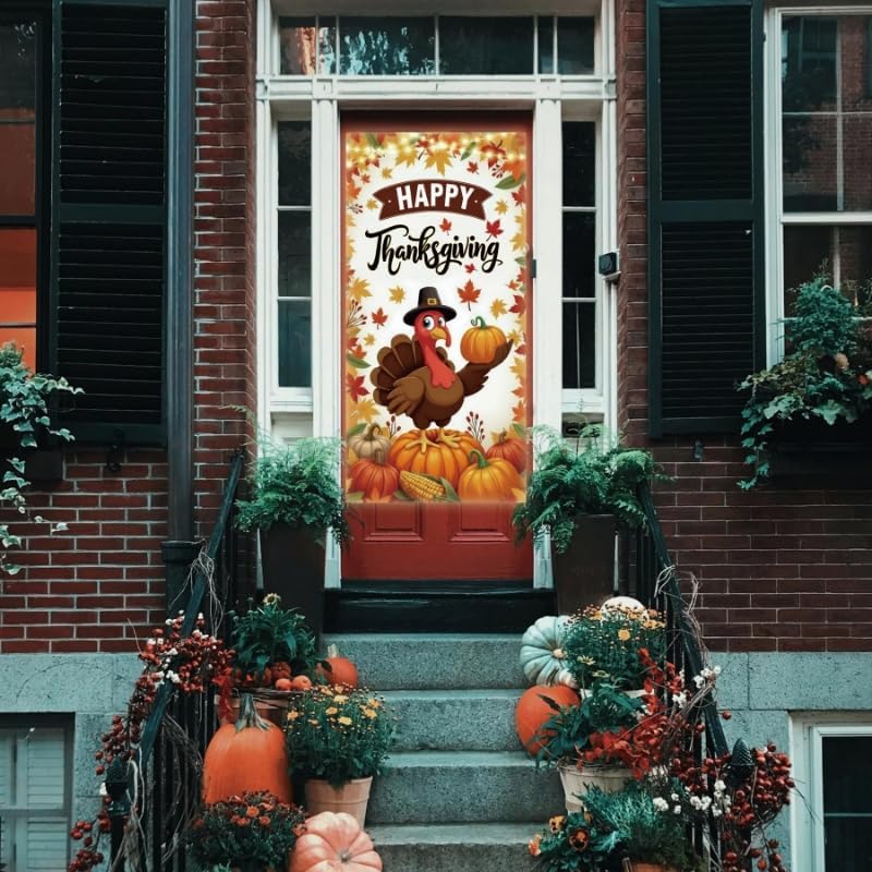 Happy Thanksgiving Door Cover 72.8" X 35.4", Fall Harvest Turkey Pumpkin Door Banner with String Lights Design, Autumn Leaves Outdoor Porch
