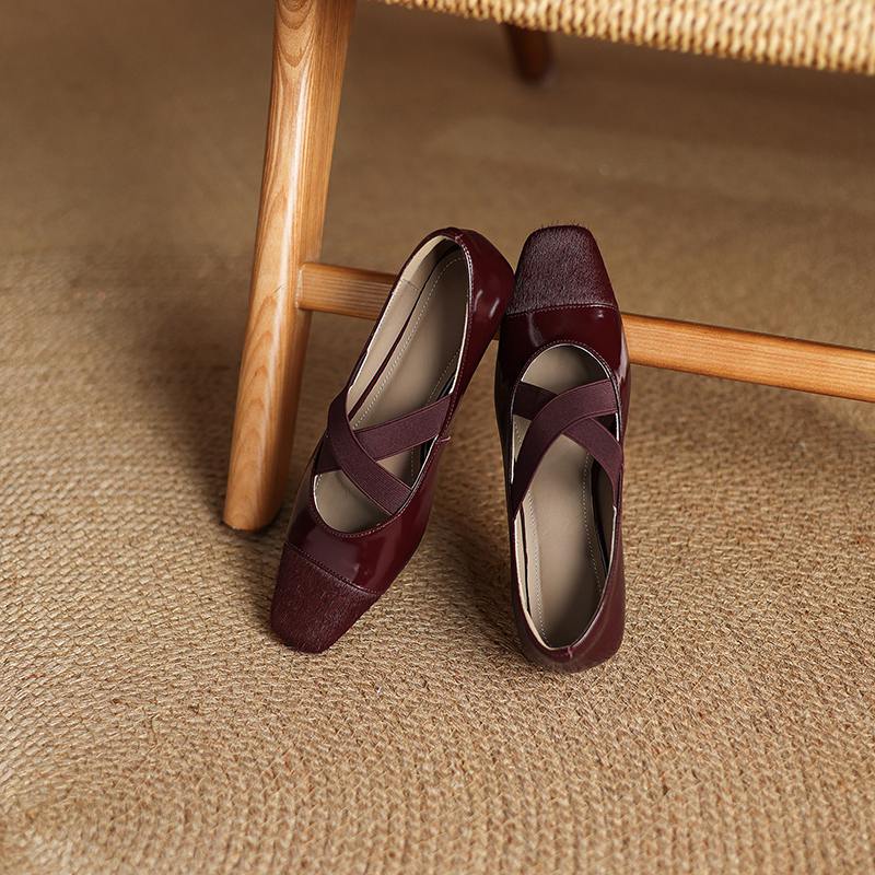 Krazing Pot Cow Skin Spring Summer Size 41 Horsehair Thick Low Heels Women Square Toe Basic Clothing Shallow Pumps