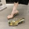 Gold Narrow Band Women Slipper Female Square Pinch Toe Low Heel Slides Sandal Flip Flops Mujer Shoes