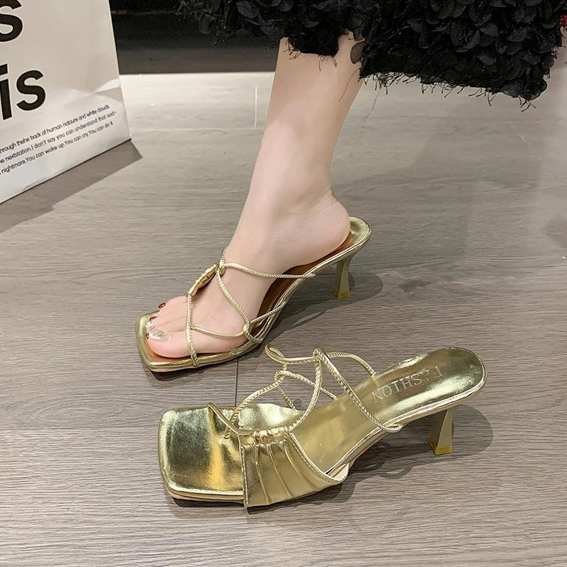 Gold Narrow Band Women Slipper Female Square Pinch Toe Low Heel Slides Sandal Flip Flops Mujer Shoes