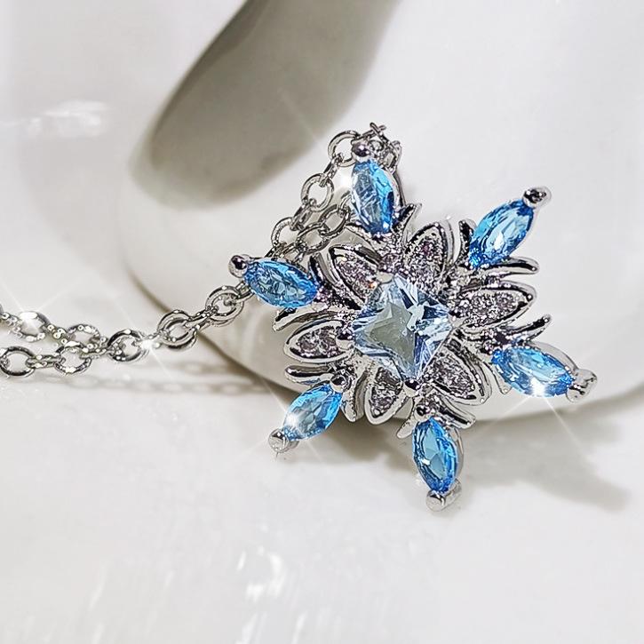 Classic Wedding Jewelry Set Snowflake Ring Blue Zircon Women'S Stud Earrings Necklace Ring Set Jewelry