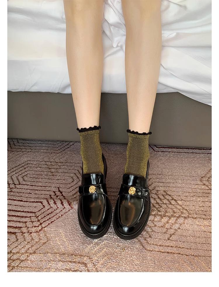 Women's Chunky Heel Gold Coin Loafers: Round Toe, Soft Sole, Slip-On Single Shoes for Autumn/Winter.
