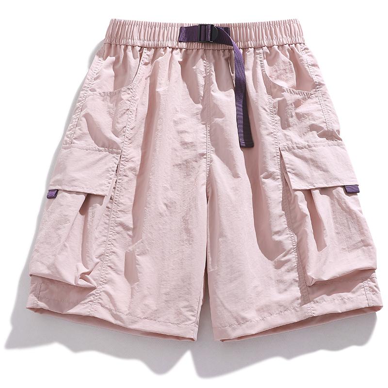 Skateboard Shorts Summer Casual Loose Shorts with Belt Men Large Pocket Cargo Shorts Breathable Straight Shorts S розовый