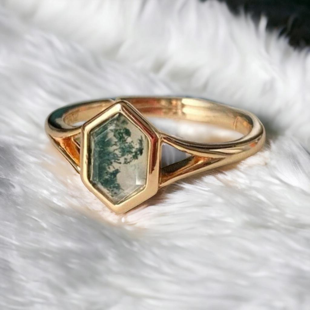 Natural Moss Agate Engagement Ring 14k Yellow Gold Plated Silver Hexagon Bezel Set Green Gemstone Ring