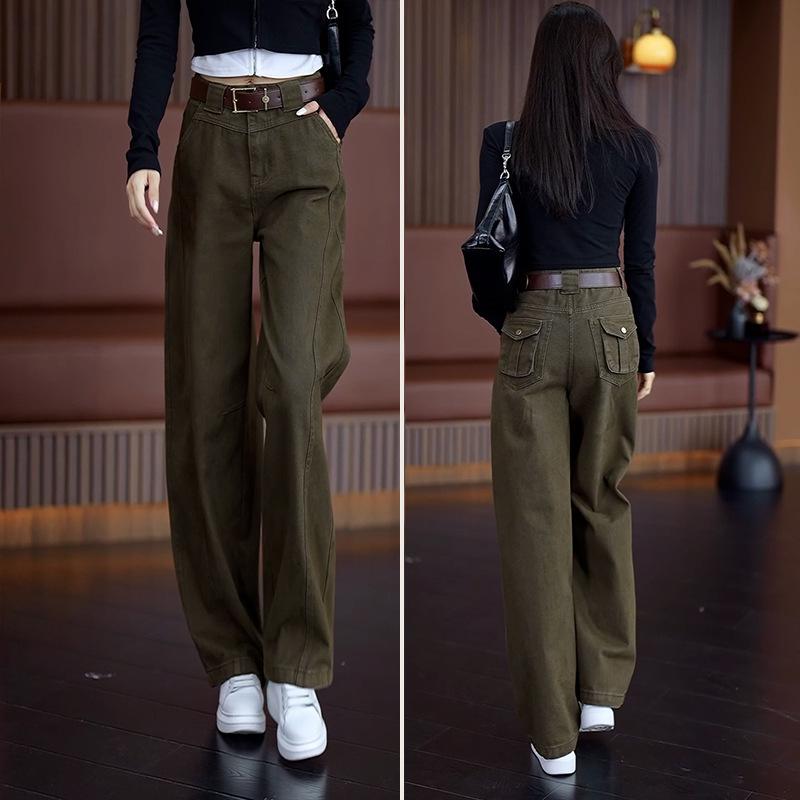 

Women s High-Waist Wide-Leg Military Green Scimitar Jeans - Autumn 2025 Casual Work Pants XXXL