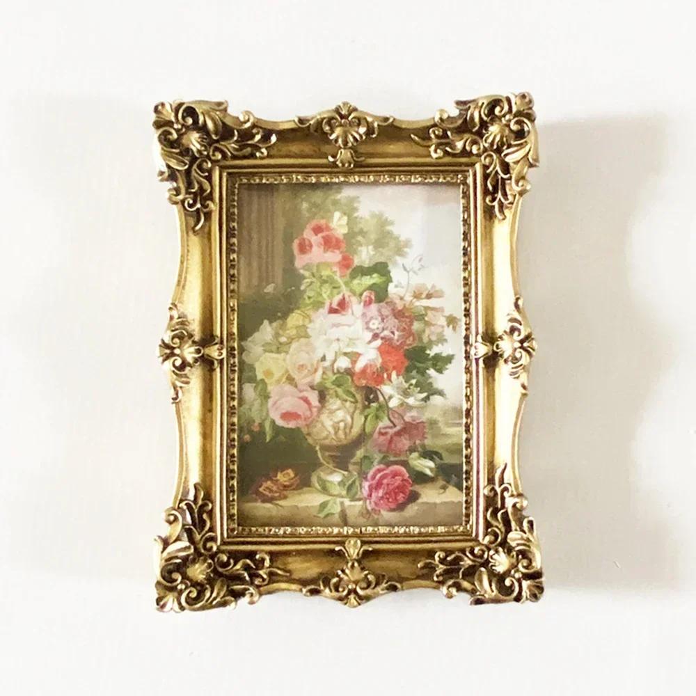 European Vintage Gold Photo Frame 6 Inch Resin Carving Picture Display Tabletop Ornament for Office Living Room Home Decor