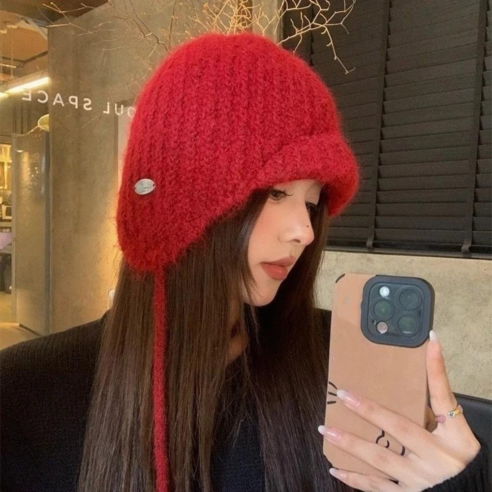 

Lace-up Knitted Earmuffs Hat Solid Color Ear Protection Hats Fashion Knitted Hat Winter червоний